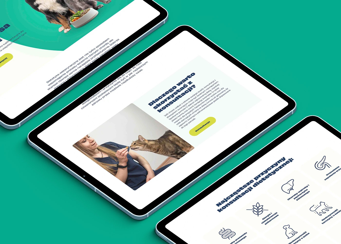 Tabletki z informacjami o konsultacjach dietetycznych dla zwierząt.